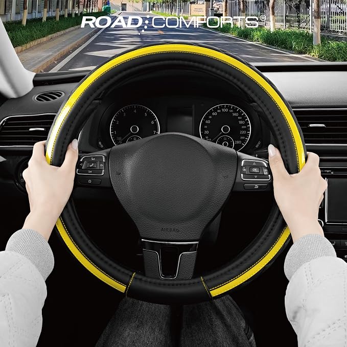 Road Comforts Leather Steering Wheel Cover – Black & Yellow, Universal Fit 14.5-15 Inch, Microfiber Leather, Anti-Slip & Breathable Design for Men and Women