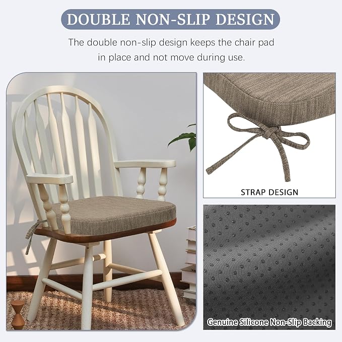 baibu Kitchen Chair Cushions Set of 4, Dual-Layer Patented Design Memory Foam Dining Chair Pads with Ties and Washable Cover, 4 Pack, 17" x 16" x 2", Light Brown
