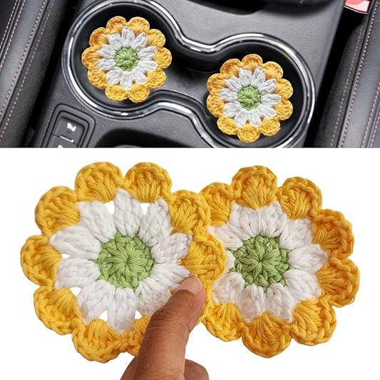 Cotton Car Coasters 2pc Car Cup Coasters Cute car Accessories for Women car Coaster for Cup Holders (Golden Daisy)