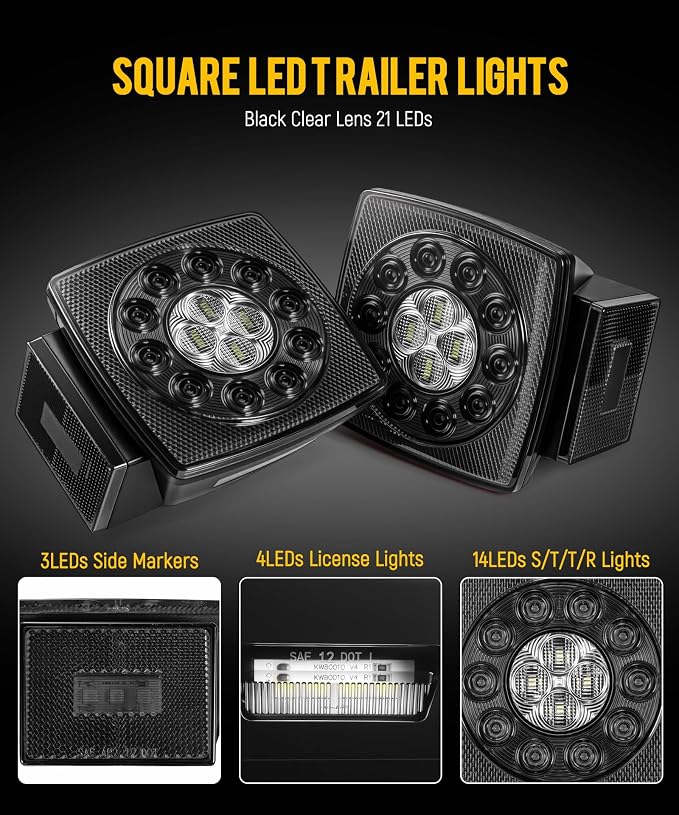 Partsam 12V Submersible Square Led Trailer Lights, Red White LED Stop Turn Tail Reverse Backup License Side Marker Running Light Lamp for Trailers Under 80", Truck, IP68, Black Clear Lens