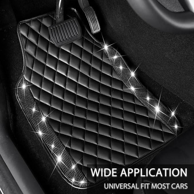 NBTEPEM Black Bling Leather Car Floor Mats Full Set, Sparkly Diamond Car Mats Universal Fit Most Automotive, Glitter Rhinestone Carpet Waterproof Anti-Slip, 5 pcs Set (Black Leather Diamond)