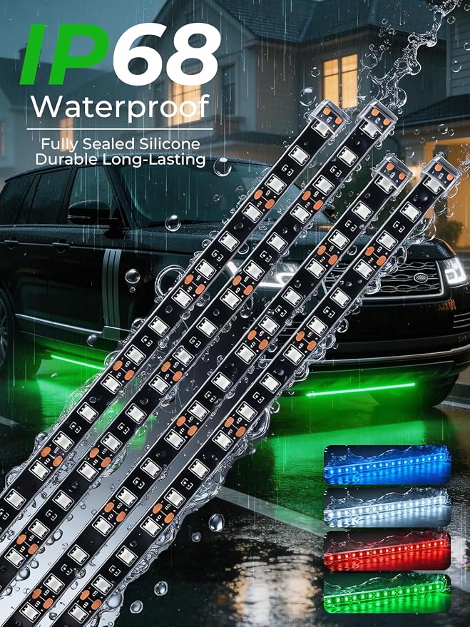 Car LED Strip Lights IP68 Waterproof Cuttable 12inch Green 4 Pcs | 12V Footwell & Underbody Lights, 18pcs 5050 SMD, interior & exterior light, fits SUVs, trucks, motorcycles, boats, golf carts