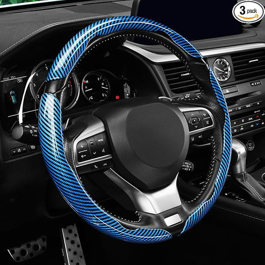 Amiss 3pcs Carbon Fiber Anti-Skid Steering Wheel Cover, Waterproof Design, Universal Fit for 14-16 Inch Car Wheel Cover, Interior Car Accessories for Jeeps, SUVs, Trucks (Glossy Blue)