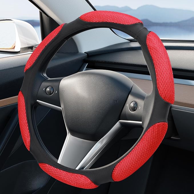 Wuyaoyao Car Steering Wheel Cover, 15 Inch PU Leather Anti-Slip Steering Wheel Covers Protector with Soft Hand Pad Cushion, Breathable & Comfortable, Universal Interior Car Accessories (Red)