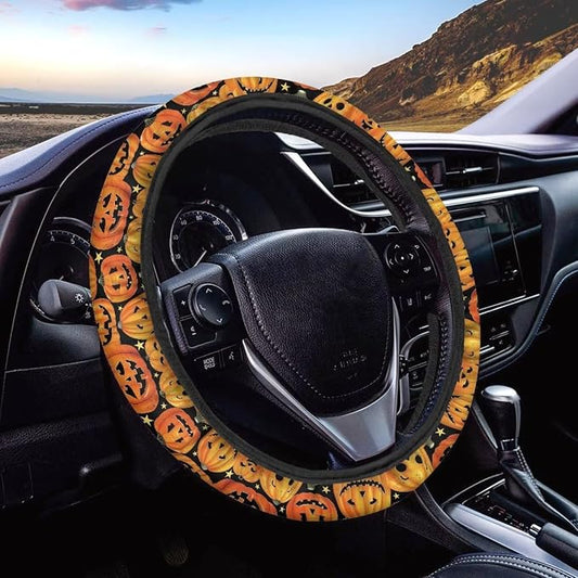 Wanyint Car Steering Wheel Cover Universal 15 Inch Non-Slip Comfortable Stretch Decorative Halloween Auto Steering Wheel Protector Automobile Accessories, Pumpkin Star