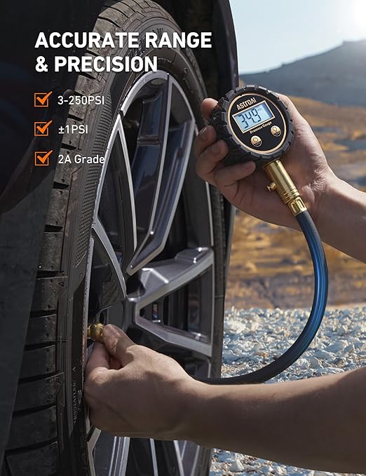 AstroAI Tire Pressure Gauge for Cars with Backlit LED, Solid Brass with Rubber Hose, Air Bleeder Valve, ANSI B40.7 Grade 2A(±0.5%), 3-250PSI