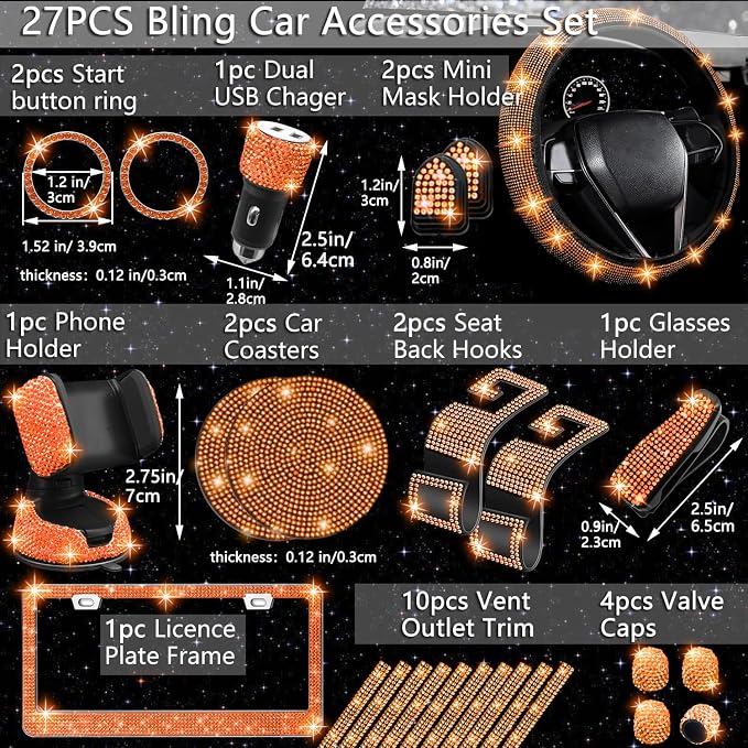 NBTEPEM 27 PCs Orange Bling Car Accessories Set for Women, Steering Wheel Covers Universal Fit 15 Inch, Bling License Plate Frame, Bling Phone Holder, Bling Car Coasters (Orange Diamond)