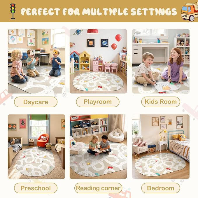STARUIA Large Kids Rug for Playroom, 4x6 Washable Road Car Rug for Kids Room, Non-Slip Car Carpet for Boys Room, Tan Traffic Classroom Rugs Soft Baby Play Mat for Bedroom Dorm Nursery Tent