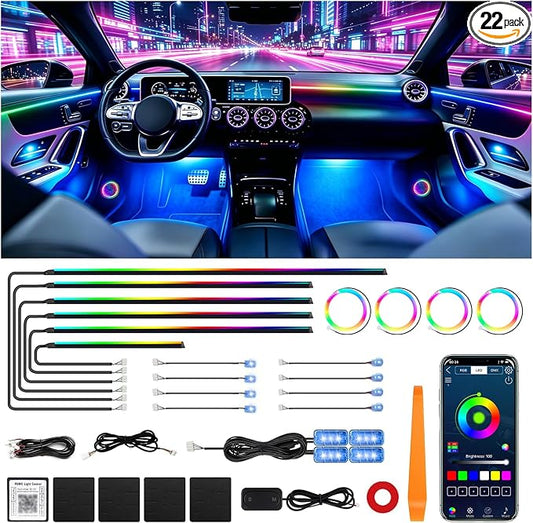 Acrylic Interior Car LED Strip Light,RGB 22 in 1 Neon Ambient Lighting Kits,Car Ambient Lighting with APP Control,LED Lights for Cars with Music Sync Dynamic Dreamcolor