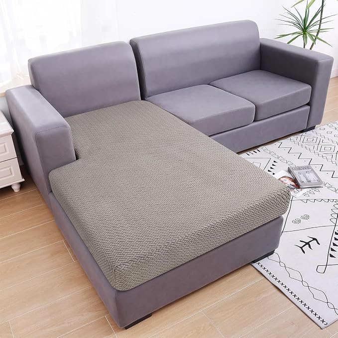 Smiry Waterproof Couch Cushion Covers, Stretch Jacquard Sectional Couch Covers, L Shape Chaise Lounge Sofa Slipcover, Washable Elastic Furniture Protector for Pets, Kid (XL-Chaise Cover, Taupe)