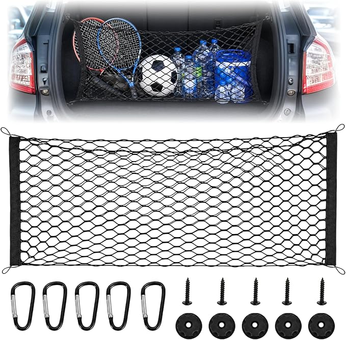 Stretchable Elastic Trunk Cargo Net with 4 Heavy-Duty Hooks, Adjustable Car Storage Net for SUVs, Trucks, and Hatchbacks, Secures Luggage, Groceries, and Tools from Shifting