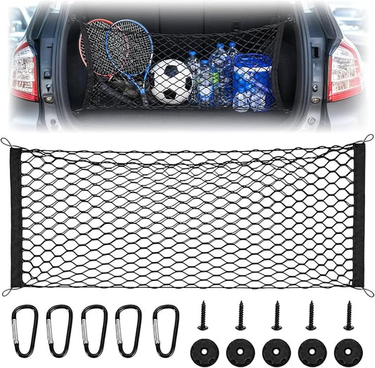 Stretchable Elastic Trunk Cargo Net with 4 Heavy-Duty Hooks, Adjustable Car Storage Net for SUVs, Trucks, and Hatchbacks, Secures Luggage, Groceries, and Tools from Shifting
