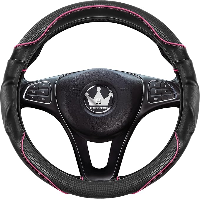 HighnessHwoo 3D Car Steering Wheel Cover Comfort Grip Massage Sporty Anti-Slip Carbon Fiber Faux Leather for Sedan SUV, Universal Fit, Car Handle Covers for All Seasons, 14.75-15.15in, Pink