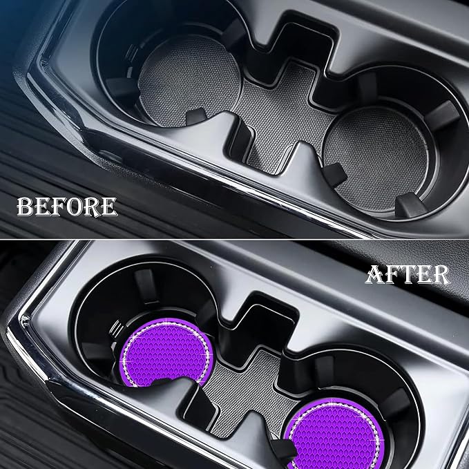 4PCS Bling Cup Holder Coaster, 2.75 Inch Auto Car Cup Holder Insert Coasters, Soft Silicone Anti-Slip Shockproof, Universal Vehicle Interior Accessories for Women Girls (Purple & White)