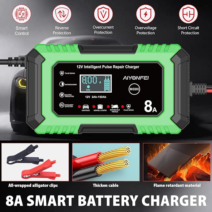 12V Battery Charger 8-Amp Smart Trickle Charger, Green | Battery Maintainer and Desulfator, Temperature Compensation, for Car, Truck, SUV, Motorcycle, Boat, Lead Acid, LiFePO4