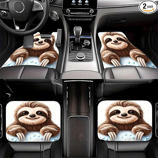 Universal Fit Car Floor Mats Set of 4Pcs, Cute Sloth Pattern All-Weather Front Rear Car Carpet Mats, Non-Slip Car Floor Mat Car Accessories for Automotive Trucks SUV Sedans Vans