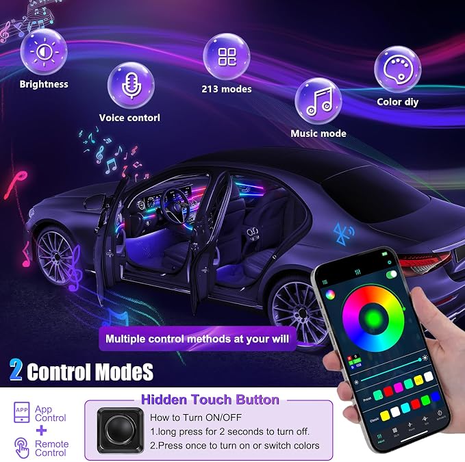 Acrylic Interior Car LED Strip Light with Wireless APP, RGB Dreamcolor 10 in 1 with 175 inches 600 LEDs Fiber Optic Strip Lights for Car, Dynamic Chasing Sound Active Neon Car Ambient Lighting Kits