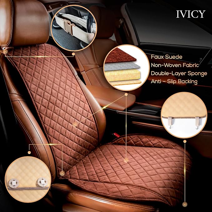 IVICY Faux Suede Front Car Seat Cover – Non-Slip Bucket Seat Protector for Most Cars, SUVs, Vans & Trucks – 1 Seat Cover, Machine Washable, Side-Airbag Friendly, Brown
