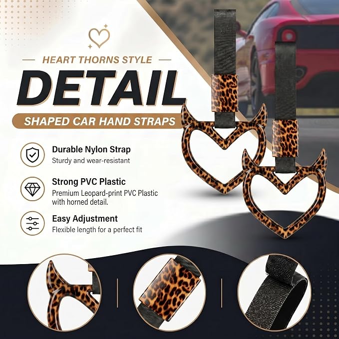 Fabbay Bling Car Accessories Bling Heart Handle Ring Car Accessory for Women Hearts Hand Strap Drift Charm Rear Bumper Warning Ring Decor for Auto Interior Exterior Decoration (Leopard,Devil Style)
