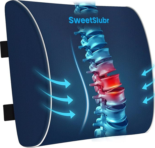 SweetSlubr Lumbar Support Pillow for Office Chair, Car Seats and Home Desks, Ergonomic Back Support with Double Adjustable Straps, Machine Washable Cover, Blue