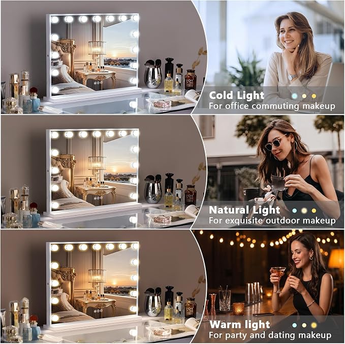 FENCHILIN Vanity Mirror with Lights, Hollywood Lighted Makeup Mirror with 15 Dimmable LED Bulbs for Dressing Room & Bedroom, Slim Metal Frame Design, Tabletop White