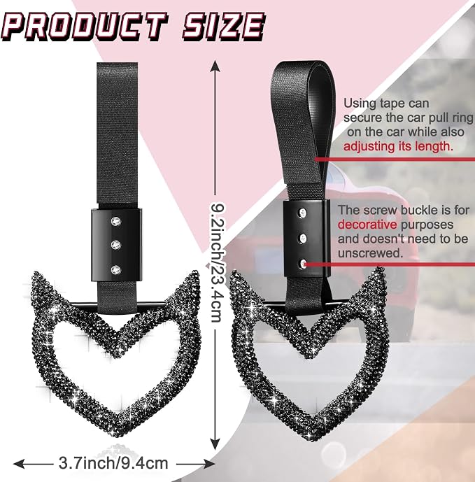 Fabbay Bling Car Accessories Bling Heart Handle Ring Car Accessory for Women Heart Hand Strap Drift Charm Rear Bumper Warning Ring Decor for auto Bus Interior Exterior Decoration (Black,Devil Style)