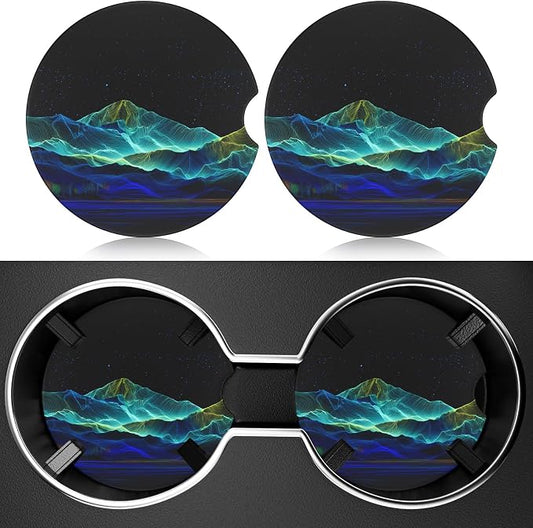 2 Pack Car Cup Holder Coaster, 2.63 inch Anti Slip Insert Absorbent Ceramic Car Coaster with Cork Base and Finger Notch, Cute Car Accessories Interior for Women, Cute Car Coasters.