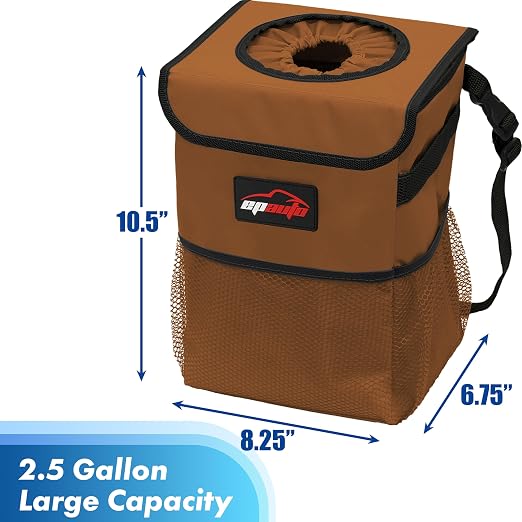 EPAuto Waterproof Car Trash Can with Lid and Pockets, 2.5 Gal, Brown | Leakproof, Collapsible Multipurpose Car Bin with 3 Side Storage Pockets, Adjustable Straps