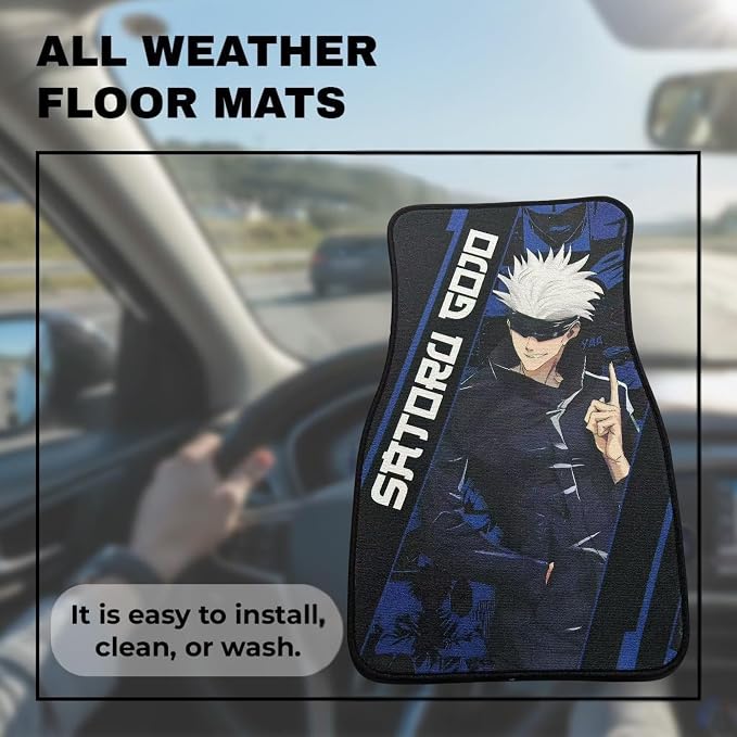 Anime Car Carpet Mat Set of 2 Front, Black GJJK Design Automotive Accessories Interior All Weather Floor Mats Decor with Non Slip Black Anti Skid Backing