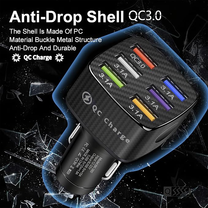 Amiss Car Charger Adapter, 6 USB Multi Port, Fast Charger, Include QC 3.0 and 5 Other Ports, Car Interior Accessories, Fit for iPhone 17/16/15/14/13Pro Max, Samsung, Android (Black 1pc)