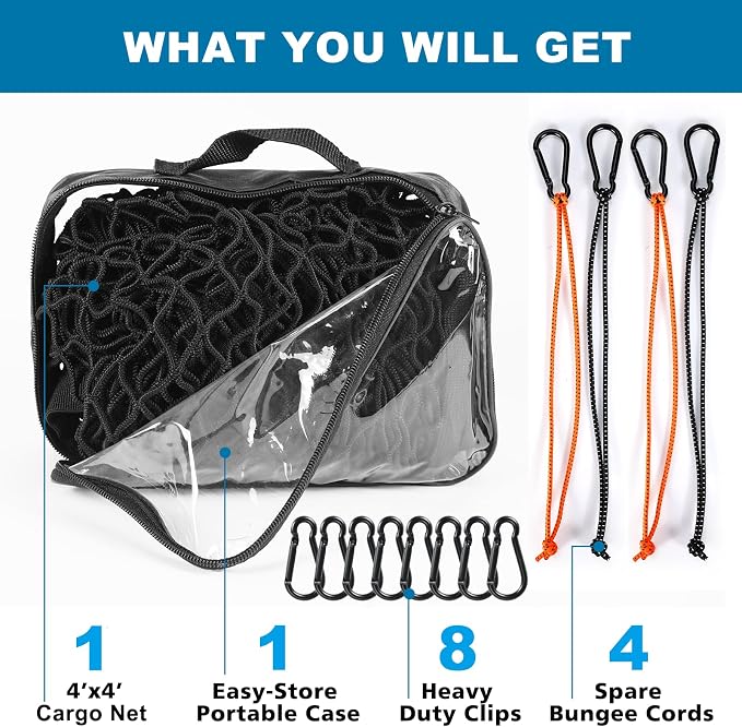 Cargo Net for Pickup Truck Bed, Highly Elastic Truck Bed Cargo Net, 4' X 4' Stretchable to 8' X 8', Cargo Mesh Organizer, for Daily Light Loads of Trucks