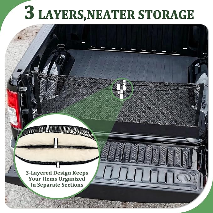 3-Layer Cargo Net for Jeep Gladiator 2020-2026, Zipper Bag Truck Bed Net for Groceries, Heavy Duty Oxford Cargo Organizer Storage Nets with Carabiners