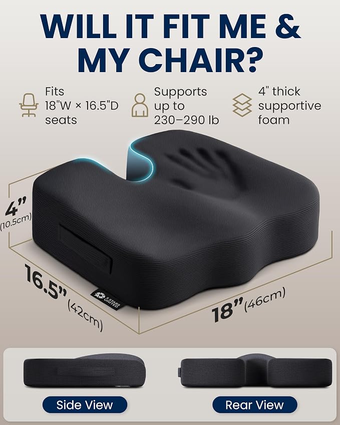 5 STARS UNITED Seat Cushion - Memory Foam Chair Cushion for Tailbone Pain Relief - Ergonomic Support for Coccyx, Sciatica & Butt - Office, Desk & Gaming Chair, Car Seat, Wheelchair, Airplane, Black