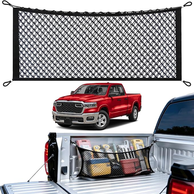 Side Cargo Net for Chevrolet Silverado 1500, GMC Sierra 1500& Dodge RAM1500 | 2019-2026, Double Layer Truck Bed Cargo Net, Heavy Duty Cargo Organizer Storage Nets, Tailgate-Free Side Access for Camping