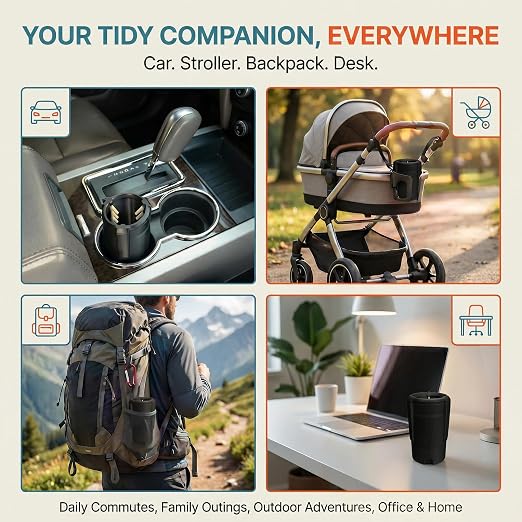 Trash Trapper Car Trash Can Cup Holder | Mini Car Trash Can | Fits in Most Doors | 5.1" x 2.9" | Traps More & Empties Less, Patent-Pending Compaction, Holds Weeks of Small Garbage, Black/Orange