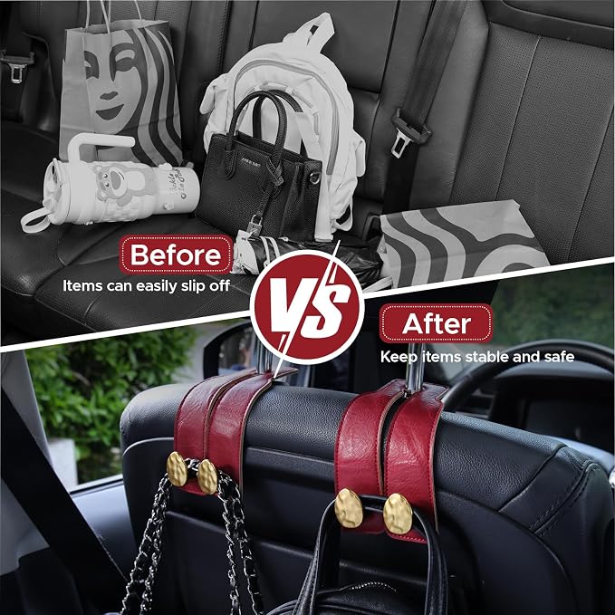 Leather Car Purse Hook for Headrest, 2 Pack (Red-Gold) | Twin Hooks Headrest Hangers, 2/4 Pack, No-Slip, Scratch-Proof, Holds Purses, Backpacks, Grocery Bags, Car Organizer Gift