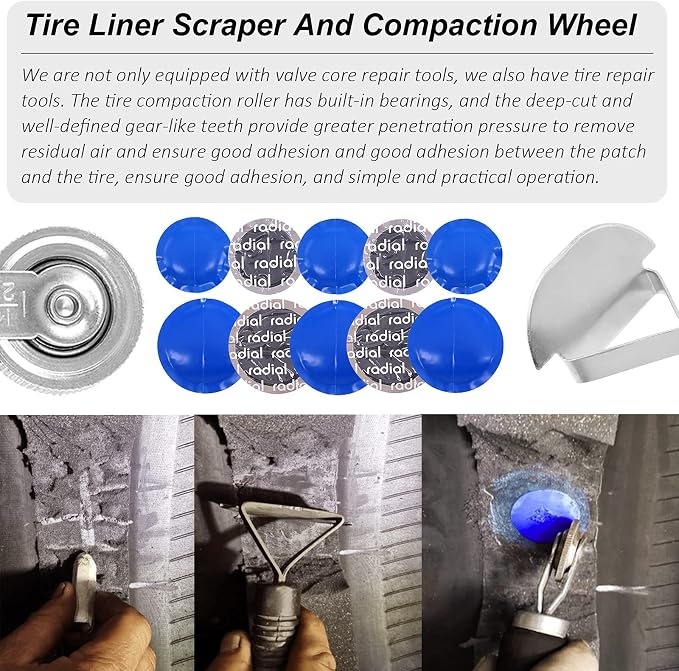 70Pcs Tire Patch Kit Heavy Duty, Tire Roller, Liner Scraper, Rubber Repair Patches, Valve Core Removal Tool with Tire Valve Caps, 4-Way Valve Tool and Valve Core Wrench