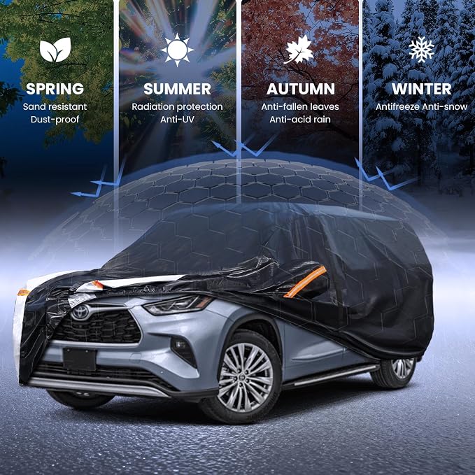 Multi-Layer Car Cover Custom Fit for Toyota Highlander(2001-2026), 100% Waterproof All Weather for Automobiles, Gift with Towel, Heavy Duty Car Covers for Rain Sun UV Protection with Door Zipper