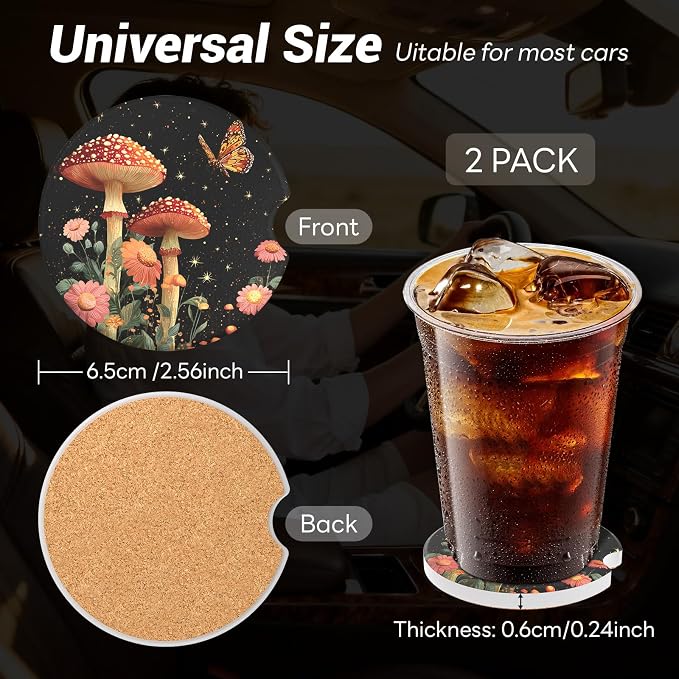 2 Pack Ceramic Car Coasters for Cup Holder, 2.56 in Anti Slip Absorbent Coaster with Cork Base and Finger Notch, Funny Cute Car Accessories for Women, Mushrooms