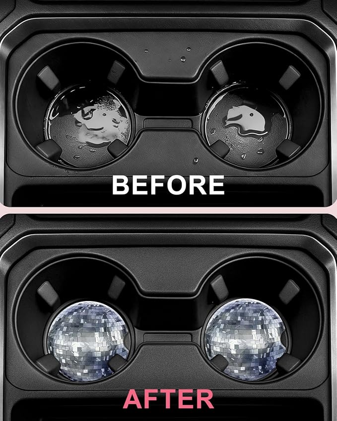 Swooflia 2 Pack Absorbent Ceramic Car Coasters for Women - 2.55 Inch Disco Ball Silver Car Cup Holder Coasters with Cork Base, Funny Car Accessories, New Driver Gifts