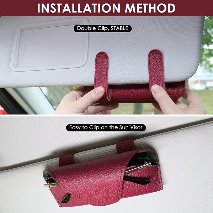 Magnetic Sunglass Holder for Car Visor, Leather Car Glasses Holder | Red Visor Accessories Eyeglasses Holder Glasses Storage Case