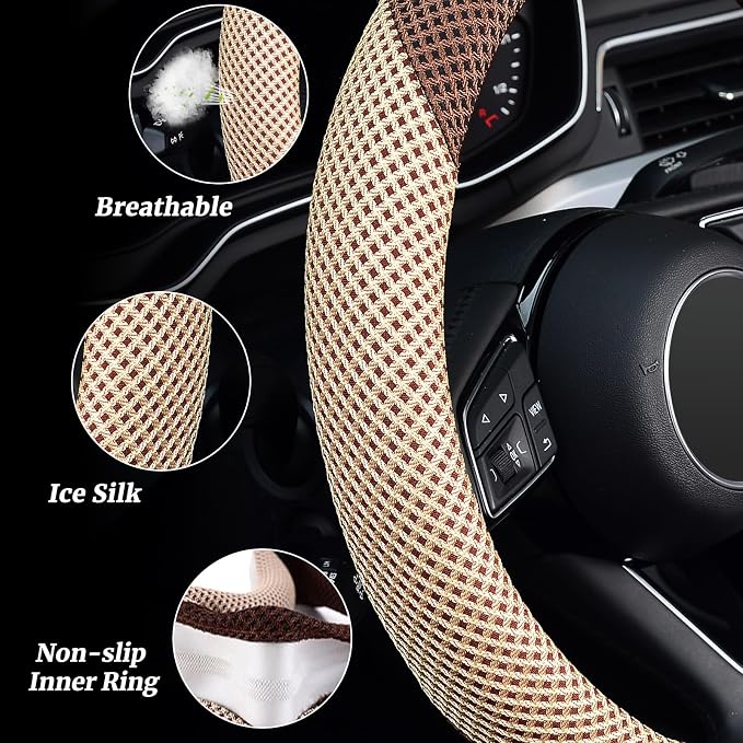 KAFEEK Steering Wheel Cover, Universal 15 inch, Microfiber Breathable Ice Silk, Anti-Slip, Odorless, Beige& Brown