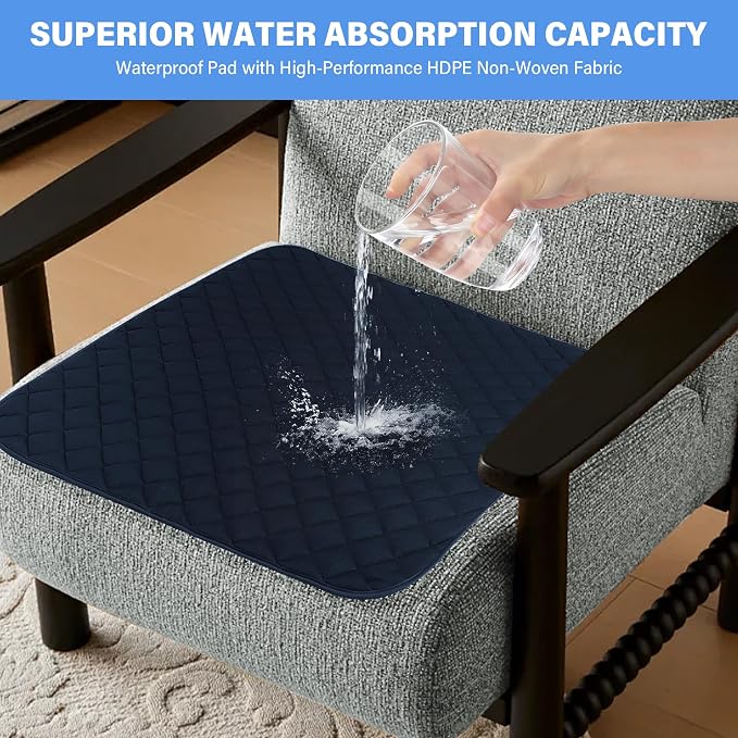 SPRING SEAON Waterproof Chair Pads for Incontinence 22"x21" – Thickened Washable Reusable Seat Protector, Non-Slip Absorbent Pad for Adults, Seniors, Wheelchair, Recliner, Car Seat & Bed(Navy, 1 Pack)
