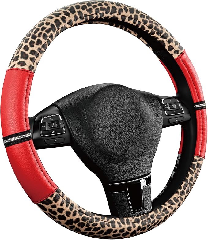Road Comforts Leopard Steering Wheel Cover for Women, Cute Anti-Slip Microfiber Leather, Universal Fit 14.5-15 Inch Round Steering Wheel - Red