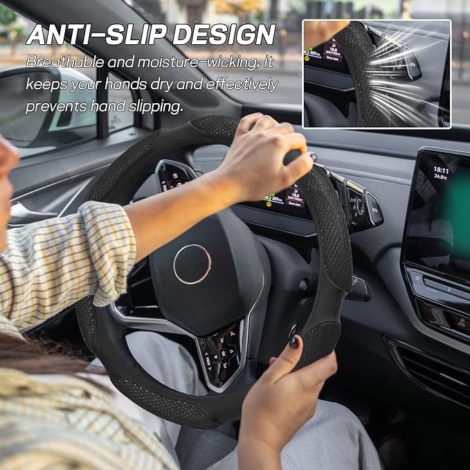 Wuyaoyao Car Steering Wheel Cover, 15 Inch PU Leather Anti-Slip Steering Wheel Covers Protector with Soft Hand Pad Cushion, Breathable & Comfortable, Universal Interior Car Accessories (Black)