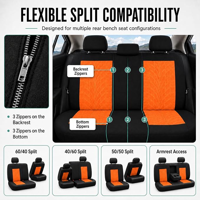 FH Group Full Set Travel Master Car Seat Covers, Airbag and Split Rear Car Seat Cover Universal Fit Interior Accessories for Cars Trucks SUV, Automotive Seat Covers, Orange