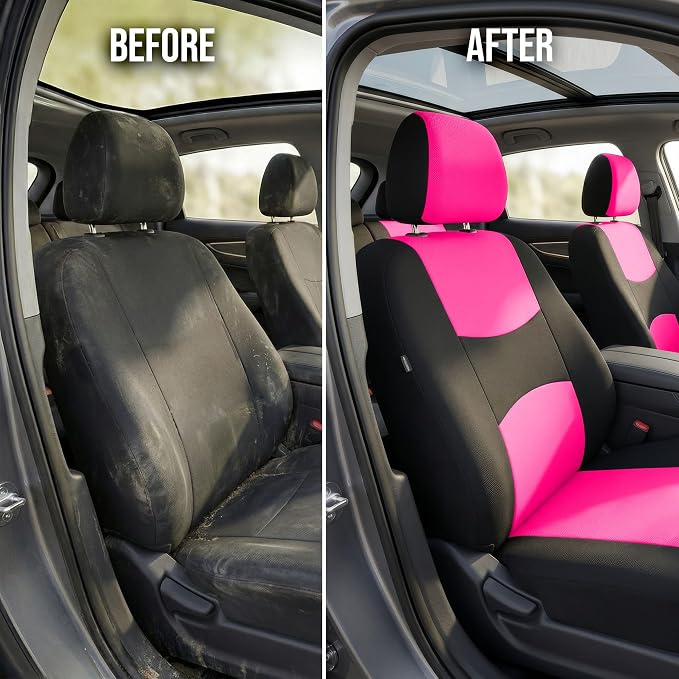 FH Group Car Seat Covers Full Set Cloth - Universal Fit Automotive Seat Covers, Low Back Front Seat Covers, Solid Back Seat Cover, Washable Car Seat Cover for SUV, Sedan and Van Pink
