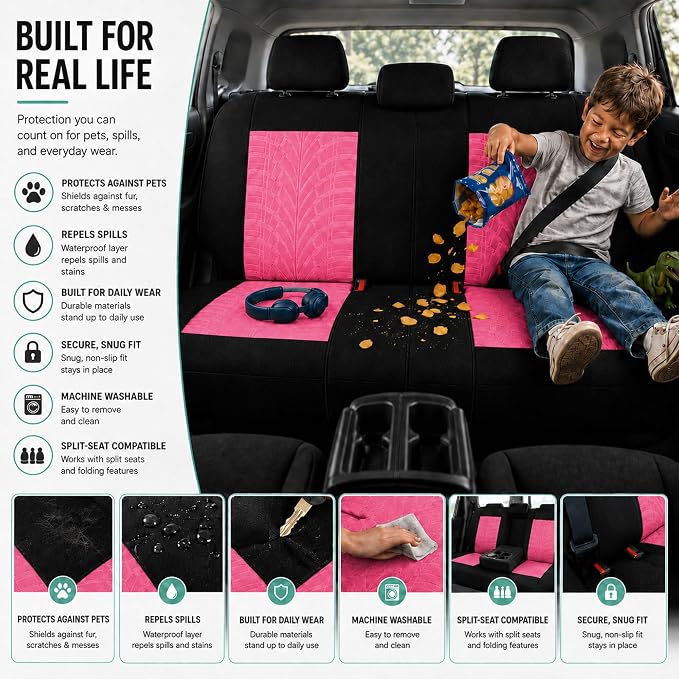 FH Group Full Set Travel Master Car Seat Covers, Airbag and Split Rear Car Seat Cover Universal Fit Interior Accessories for Cars Trucks SUV, Automotive Seat Covers, Pink