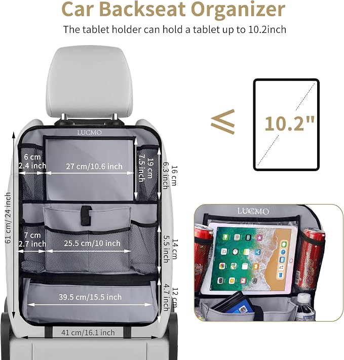 LUCMO Car Backseat Organizer with Touch Screen Tablet Holder, Grey | 2 Pcs,9 Storage Pockets,Clear Tablet Holder,Protectors Kick Mats,Travel Accessories,Seat Cover,Road Trip Essentials