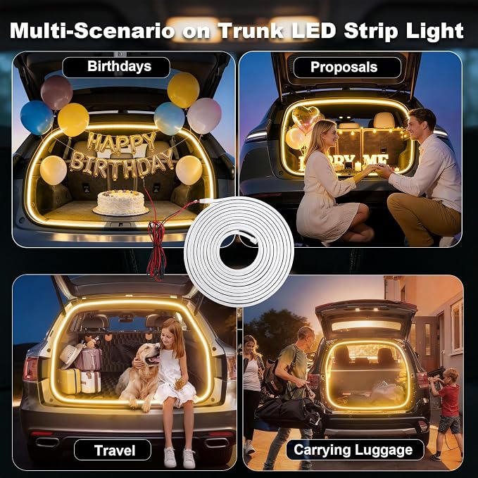 Car LED Strip Lights, 4m/13.12ft Waterproof Car Trunk Light Strip, Warm Color 3200k, Flexible Cutting Silicone, Auto On/Off, Low Voltage 12V LED Strip Lights for Cars